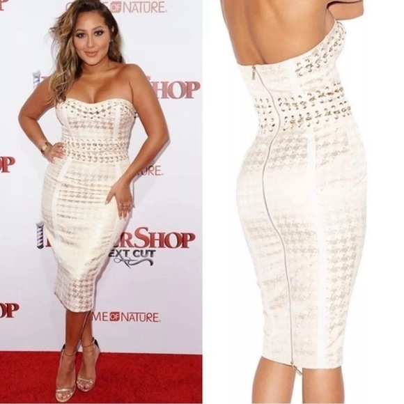 House of CB Domenica Cream & Gold Chain Strapless Dress,...